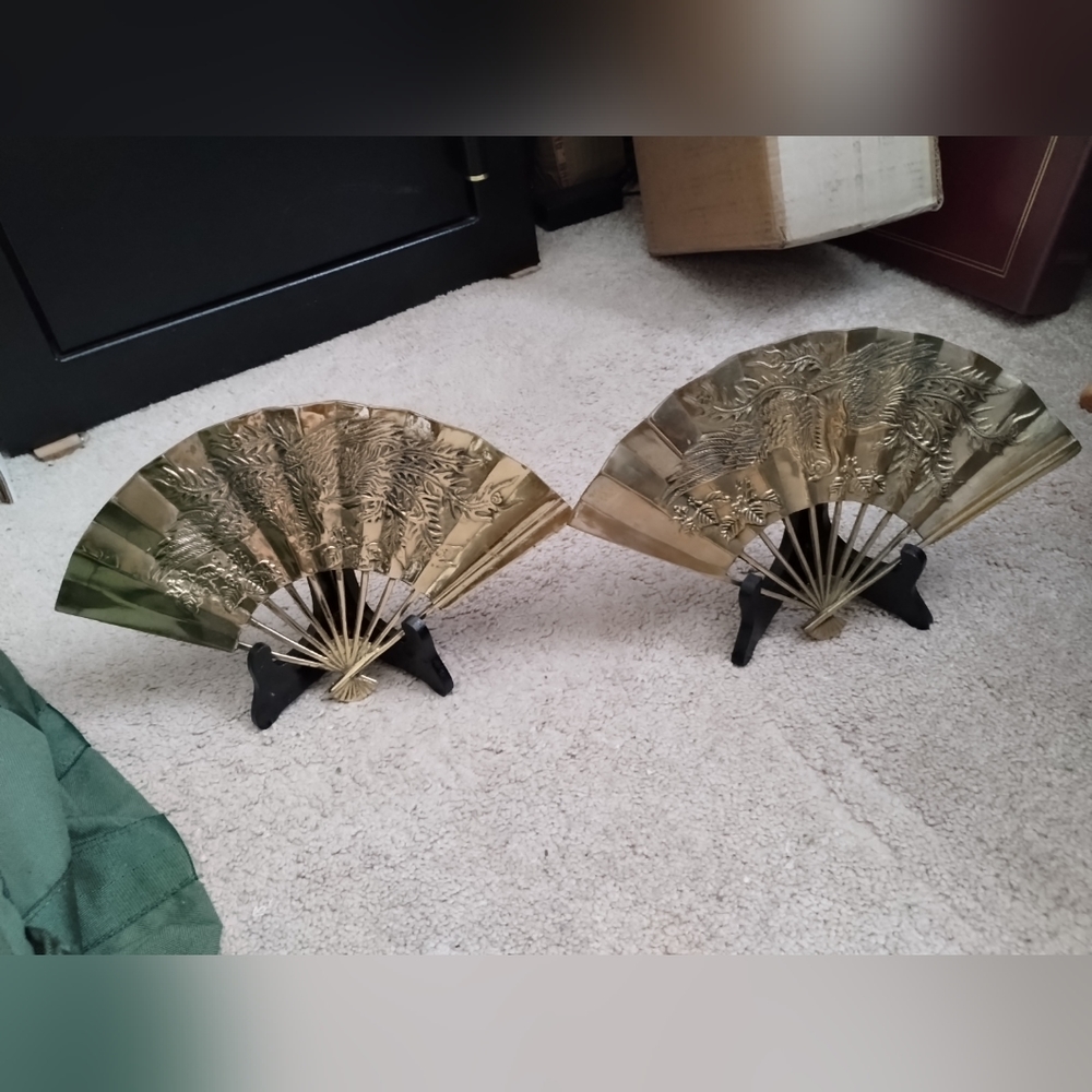 Vintage Pair of Solid Brass Phoenix Bird Dragon Hand Fan Asian Decor Plaque